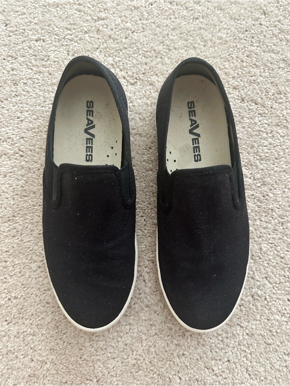SeaVees Black Slip-On Canvas Sneakers with White Soles Sz 7